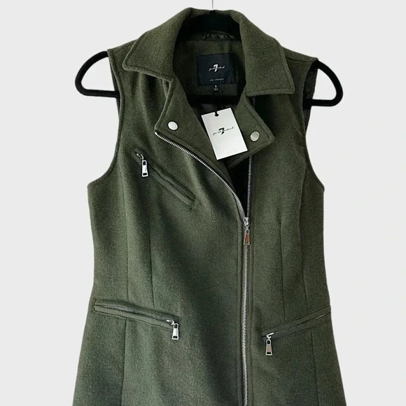 NWT 7 FOR ALL MANKIND LONG ASYMMETRICAL ZIPPERED DARK GREEN VEST | SIZE: SMALL - Picture 2 of 11